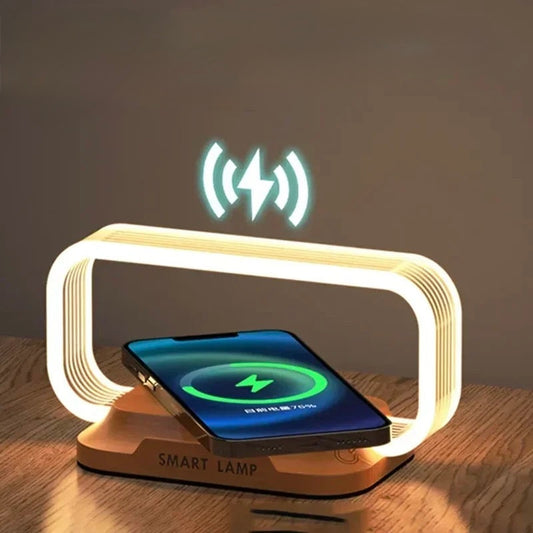 π Lampada da Tavolo LED con Caricatore Wireless β Luce Notturna, Supporto Smartphone e Stazione di Ricarica Veloce
