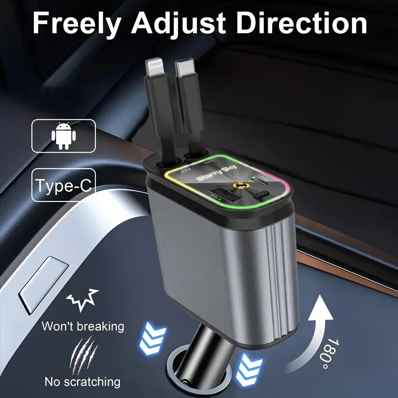 🚗 Caricabatteria da Auto Retrattile 4 in 1 – Ricarica Rapida 66W