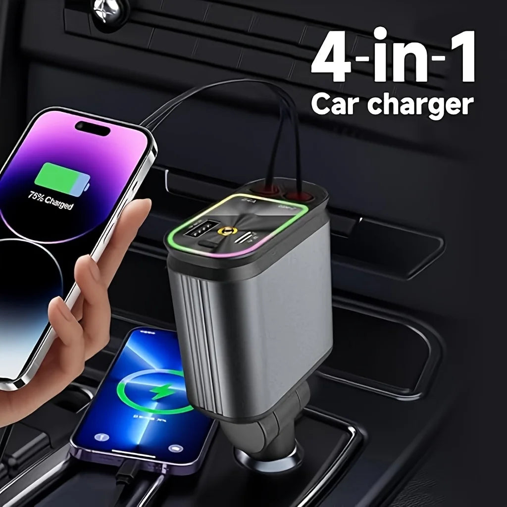 🚗 Caricabatteria da Auto Retrattile 4 in 1 – Ricarica Rapida 66W